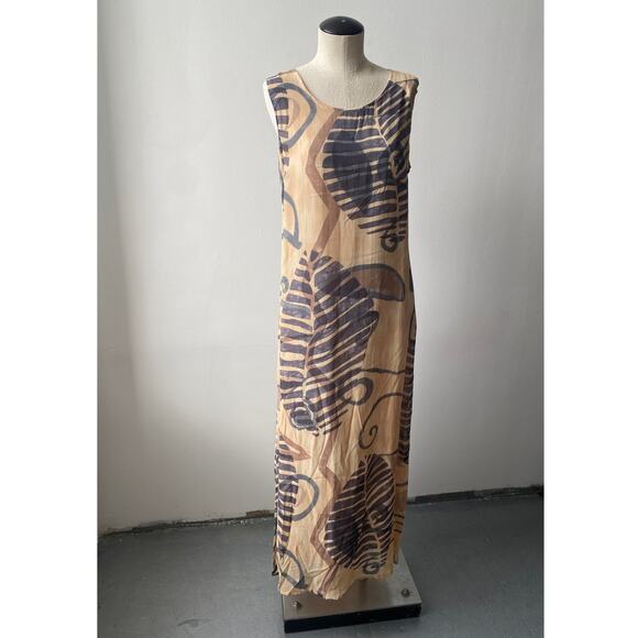 Vintage 90s Tan Gray Maxi Dress Earth Tones Abstract Leaf Boho Fairy Whimsy M - Picture 5 of 12